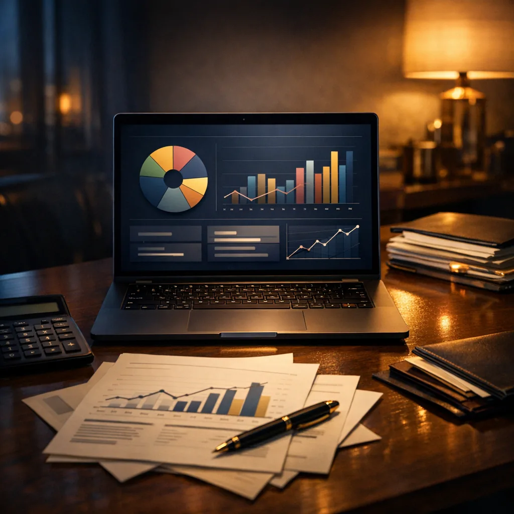 Painel financeiro em notebook com relatórios, calculadora e documentos contábeis